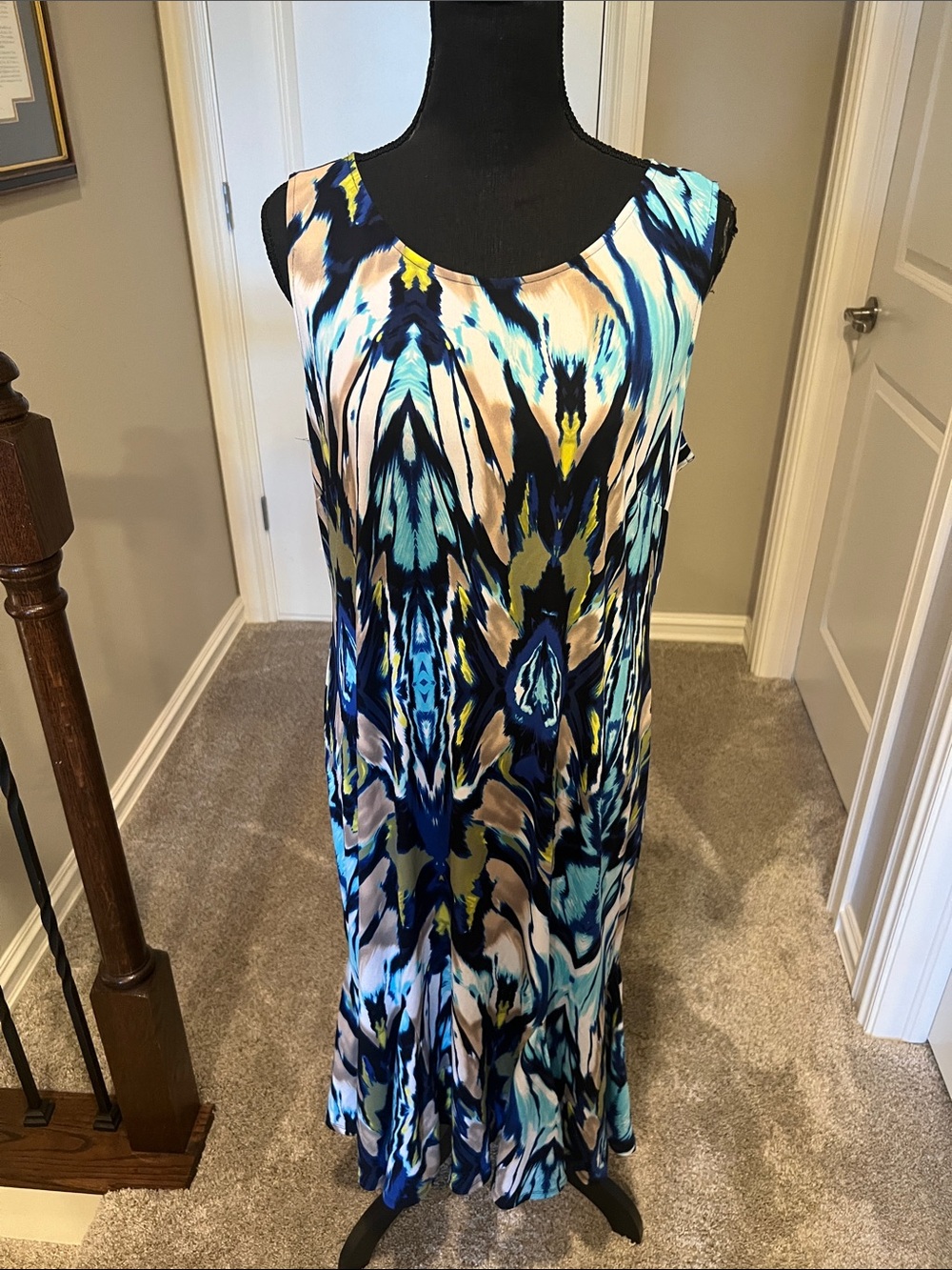 Danny & Nicole Navy, Aqua and Cream Abstract Print Sleeveless Maxi Dress